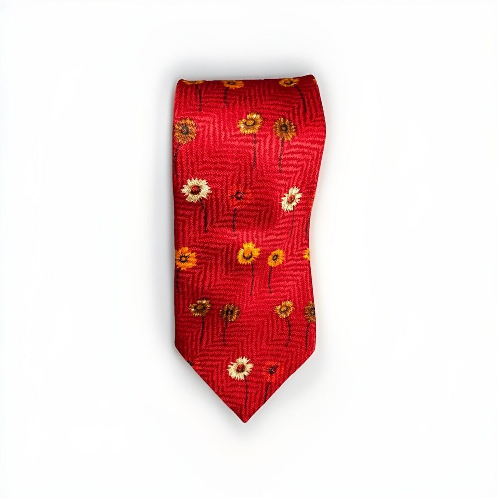 ERMENEGILDO ZEGNA Men's Silk Red Necktie ITALY Luxury FLORAL Red/White/Yellow